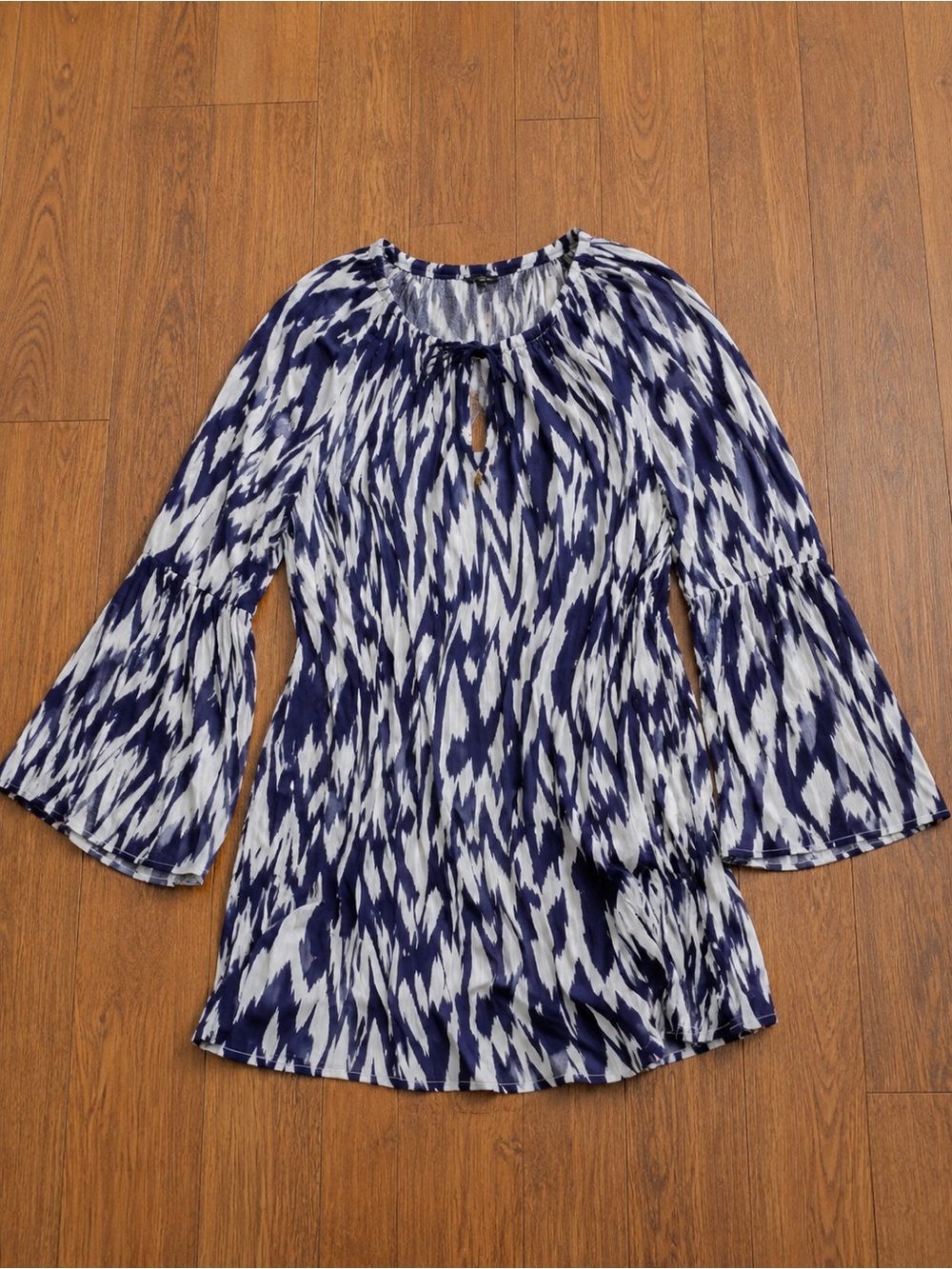 Anne Cole Navy and White Printed Bell Sleeve Swim Coverup Top Sz M/L
